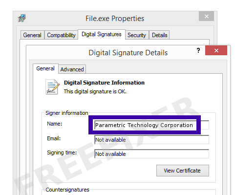 Screenshot of the Parametric Technology Corporation certificate